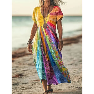 Osadía Rainbow Boho Maxi Dress 3XL US 18 V-Neck Caftan Non-Stretch Polyester